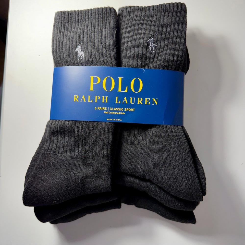 Polo Mens Ralph Lauren 6 Pair Crew Socks Classic Sz 6-12.5 Blk pony logo SALE